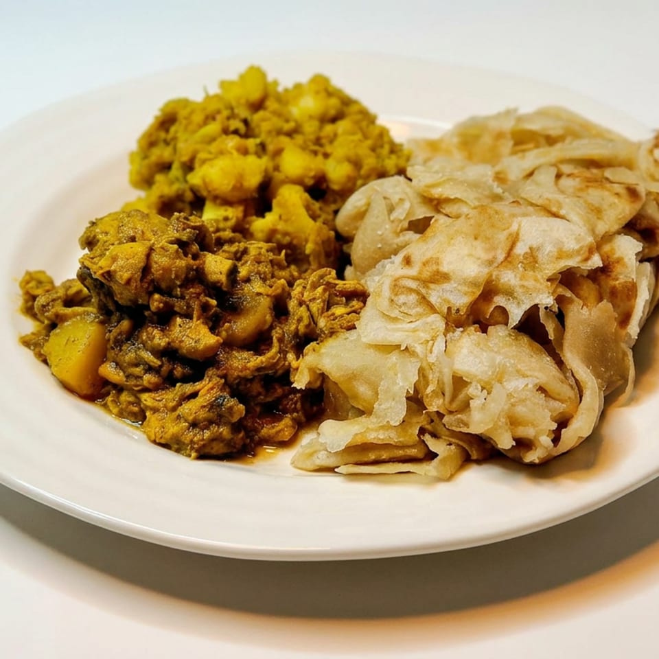Plate of spiced curry with potatoes and vegetables alongside flaky layered flatbread.